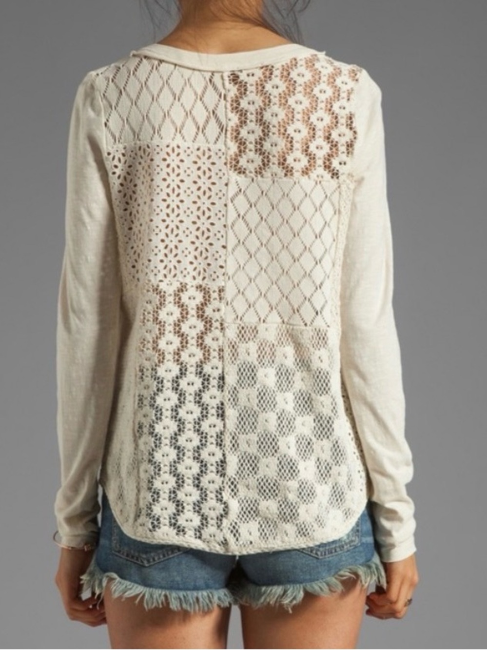 Free People Patchwork Crochet Lace Back Long Sleeve Top size M